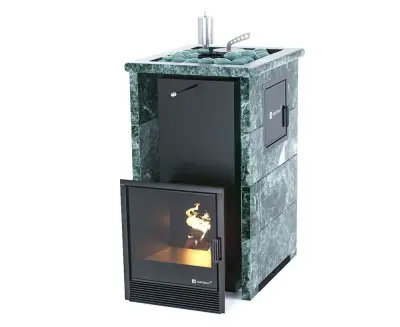 Фото Печь для русской бани Сочи М2 в трёхстороннем кожухе (змеевик) с открытым верхом в магазине Woodson