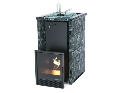 Фото Печь для русской бани Сочи в трёхстороннем кожухе (пироксенит) с открытым верхом в магазине Woodson
