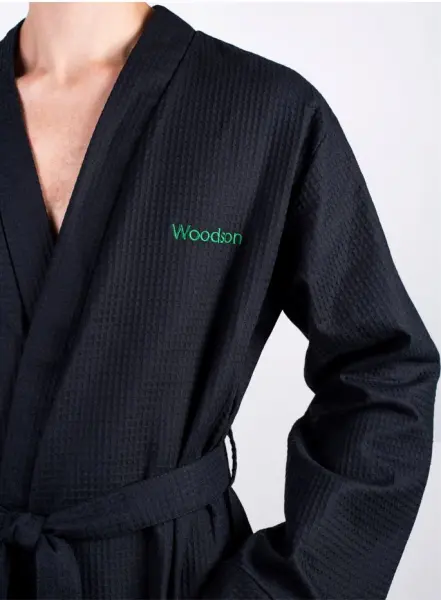 Халат Woodson, вафельный с планкой, р.50-52, чёрный